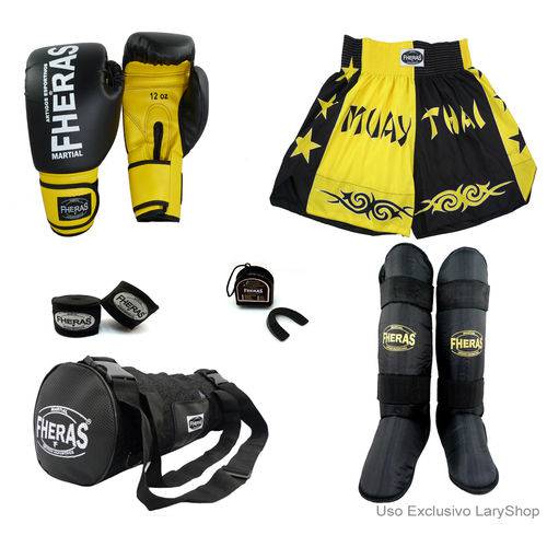 Kit Boxe Muay Thai Orion - Luva Bandagem Bucal Caneleira Free Style Bolsa Shorts(Bicolor) 10oz-PT/AM