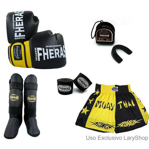 Kit Boxe Muay Thai Orion - Luva Bandagem Bucal Caneleira Free Style Shorts (Bicolor) 08 Oz - PT/AM