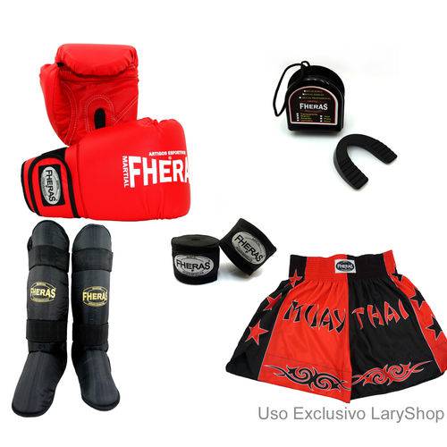 Kit Boxe Muay Thai Orion - Luva Bandagem Bucal Caneleira Free Style Shorts (Bicolor) 12oz - PT/VM