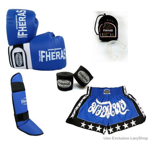Kit Boxe Muay Thai Orion - Luva Bandagem Bucal Caneleira Shorts (Estrela 2) - 14 Oz - Azul/Branco