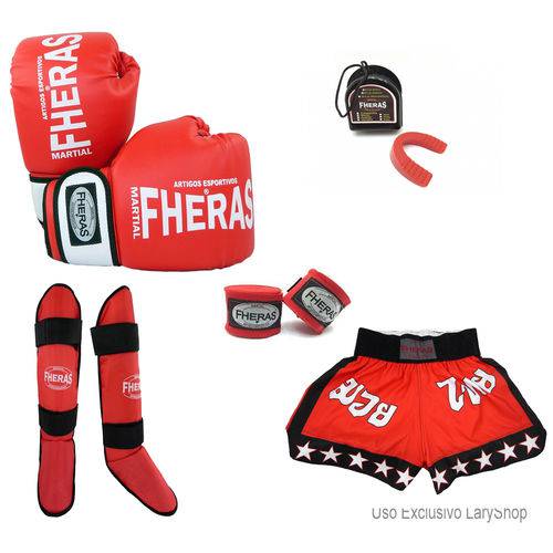 Kit Boxe Muay Thai Orion - Luva Bandagem Bucal Caneleira Shorts (Estrela) - 08 Oz Vermelho/Branco