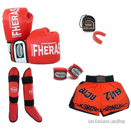 Kit Boxe Muay Thai Orion - Luva Bandagem Bucal Caneleira Shorts (tribal) - 12 Oz Vermelho/Branco