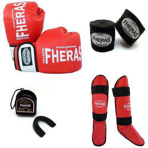 Kit Boxe Muay Thai Oríon - Luva Bandagem Caneleira Bucal - Vermelho/Branco