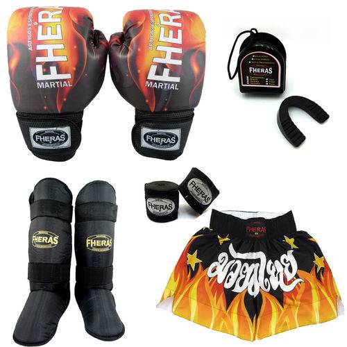 Kit Boxe Muay Thai Top - Luva Bandagem Bucal Caneleira Free Style Shorts - 10 Oz - FOGO