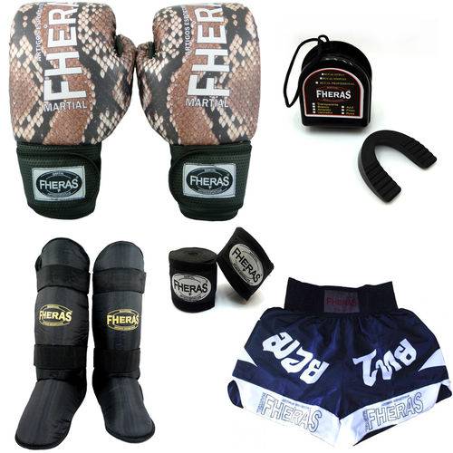 Kit Boxe Muay Thai Top - Luva Bandagem Bucal Caneleira Free Style Shorts(Fheras) - 08 Oz - COBRA 1