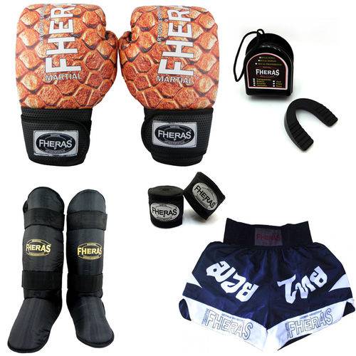 Kit Boxe Muay Thai Top - Luva Bandagem Bucal Caneleira Free Style Shorts(Fheras) - 10 Oz - COBRA 3