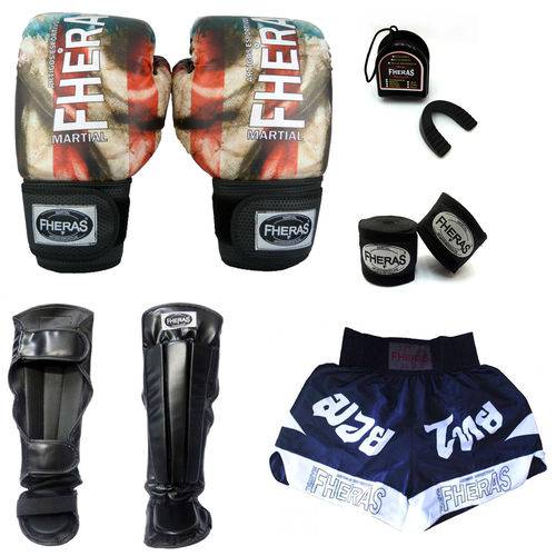 Kit Boxe Muay Thai Top - Luva Bandagem Bucal Caneleira Shorts - 08 Oz - BANDEIRA