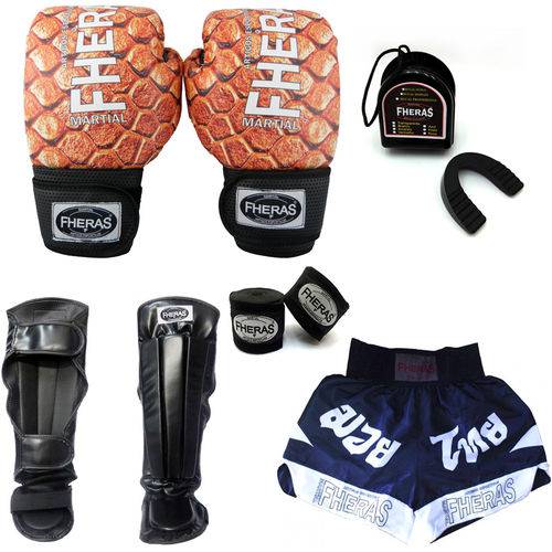 Kit Boxe Muay Thai Top - Luva Bandagem Bucal Caneleira Shorts - 08 Oz - COBRA 3