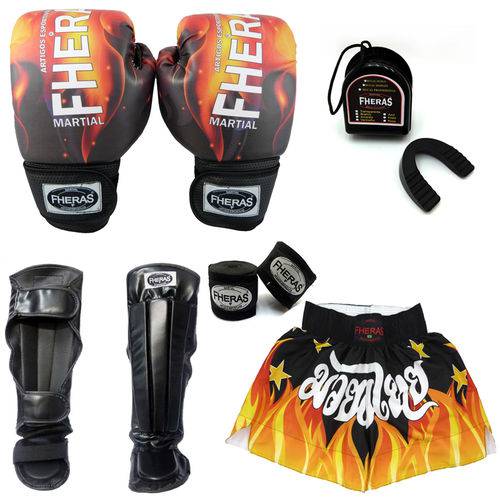 Kit Boxe Muay Thai Top - Luva Bandagem Bucal Caneleira Shorts - 14oz - FOGO