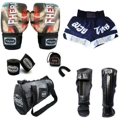 Kit Boxe Muay Thai Top - Luva Bandagem Bucal Caneleira Shorts Bolsa - 08 Oz - BANDEIRA