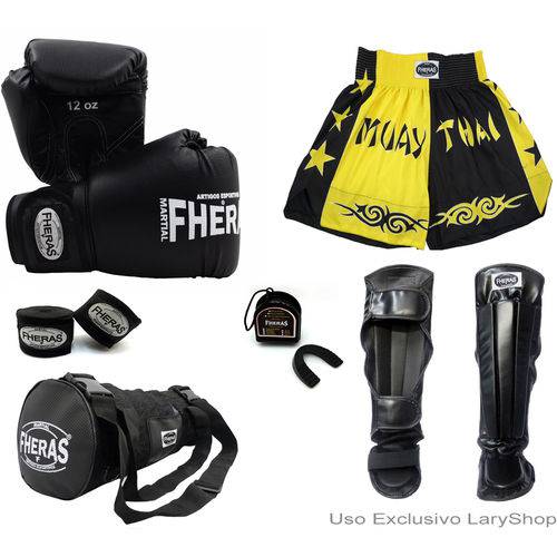 Kit Boxe Muay Thai Trad- Luva Bandagem Bucal Caneleira Anatomica Bolsa Shorts (Bicolor) 12 Oz- PT/AM