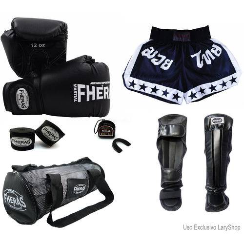 Kit Boxe Muay Thai Trad - Luva Bandagem Bucal Caneleira Anatômica Bolsa Shorts (ESTRELA) 08 Oz-PT