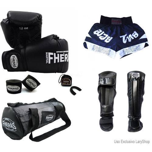 Kit Boxe Muay Thai Trad- Luva Bandagem Bucal Caneleira Anatômica Bolsa Shorts (FHERAS ) 10 Oz-PT