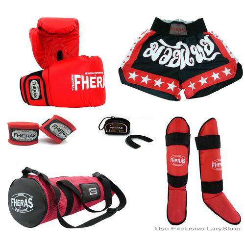 Kit Boxe Muay Thai Trad- Luva Bandagem Bucal Caneleira Bolsa Shorts (Estrela 2) - 08 Oz- Vermelho