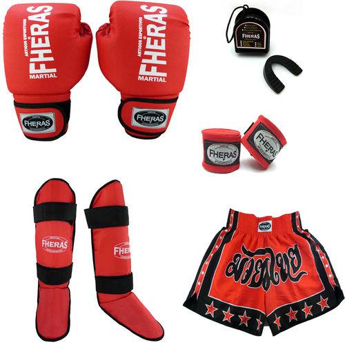Kit Boxe Muay Thai Trad - Luva Bandagem Bucal Caneleira Bolsa Shorts (Estrela 2) - 12 Oz- Vermelho