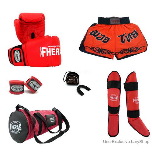 Kit Boxe Muay Thai Trad- Luva Bandagem Bucal Caneleira Bolsa Shorts (Tribal) - 10 Oz- Vermelho