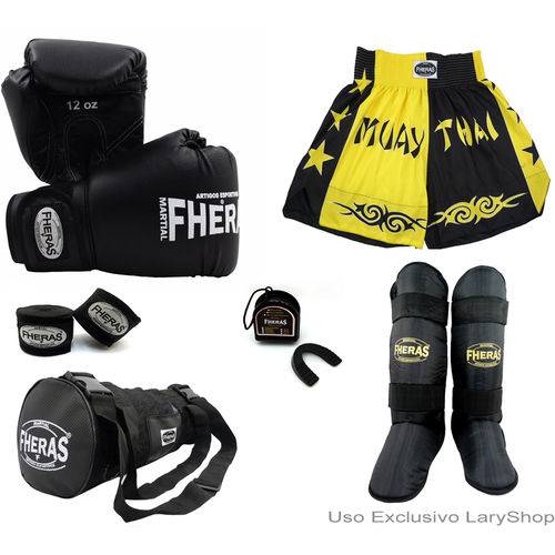 Kit Boxe Muay Thai Trad- Luva Bandagem Bucal Caneleira Free Style Bolsa Shorts (Bicolor) 12 Oz-PT/AM
