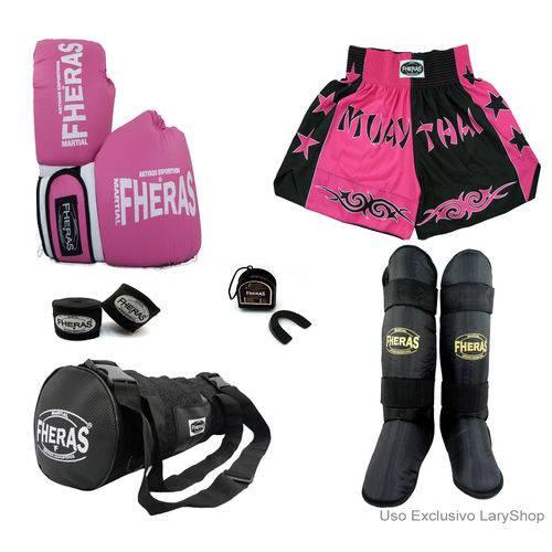Kit Boxe Muay Thai Trad- Luva Bandagem Bucal Caneleira Free Style Bolsa Shorts (Bicolor) 12oz-PT/RS
