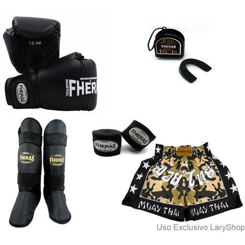Kit Boxe Muay Thai Trad - Luva Bandagem Bucal Caneleira Free Style Shorts (Camuflado) 12 Oz - Preto