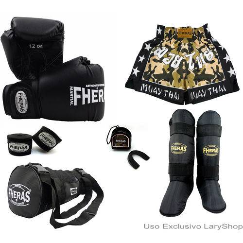 Kit Boxe Muay Thai Trad-Luva Bandagem Bucal Caneleira FreeStyle Bolsa Shorts (Camuflado) 08oz- Preto