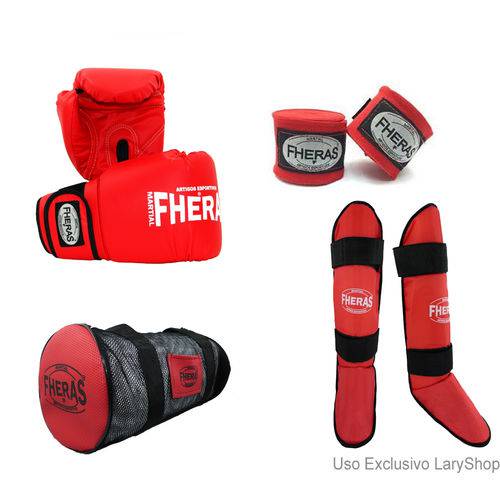Kit Boxe Muay Thai Trad-Luva Bandagem Caneleira Bolsa 10oz- Vermelho