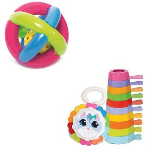 Kit 2 Brinquedos Didáticos Bebes +7 e 8 Meses Bola e Empilha Baby Gatinha - Menina