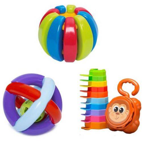 Kit 3 Brinquedos Didáticos P/ Bebes + 7, 8, 9 Meses Baby Gomos, Bola Maluquinha e Empilha Baby Macaquinho