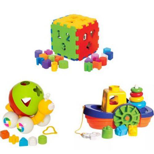 Kit 3 Brinquedos Educativos Didático Crianças +1 Ano Caracol Barco e Cubo