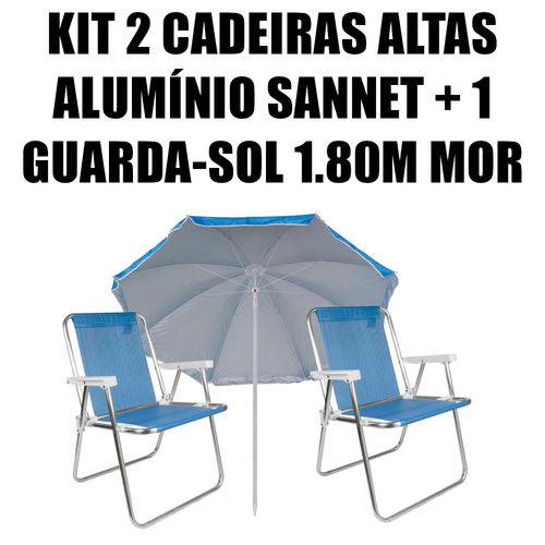 Kit 2 Cadeiras Altas de Alumínio Sannet Azuis + 1 Guarda-sol Fashion 1,80m