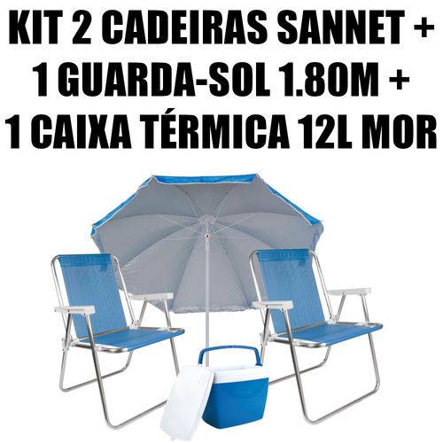 Kit 2 Cadeiras Alumínio Sannet Azuis + 1 Guarda-sol 1,80m + 1 Caixa 12l Mor