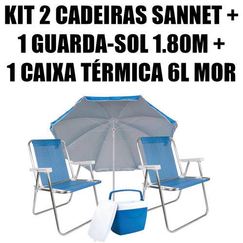 Kit 2 Cadeiras Alumínio Sannet Azuis + 1 Guarda-sol 1,80m Azul + 1 Caixa 6l Azul Mor