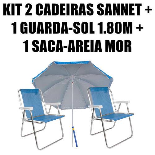 Kit 2 Cadeiras Alumínio Sannet Azul + 1 Guarda-sol 1,80m Azul + 1 Saca-areia Mor
