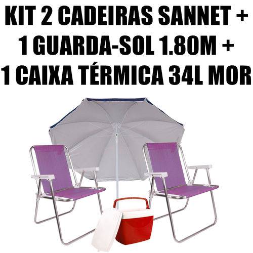 Kit 2 Cadeiras Alumínio Sannet Lilás + 1 Guarda-sol 1,80 + 1 Caixa 34l Mor