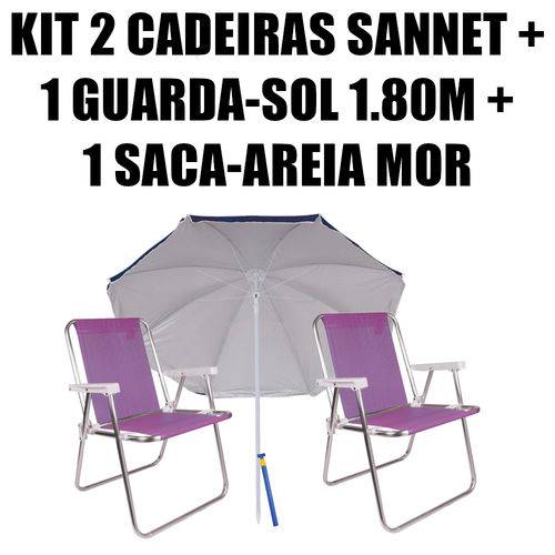 Kit 2 Cadeiras Alumínio Sannet Lilás + 1 Guarda-sol 1,80m Marinho + 1 Saca-areia Mor