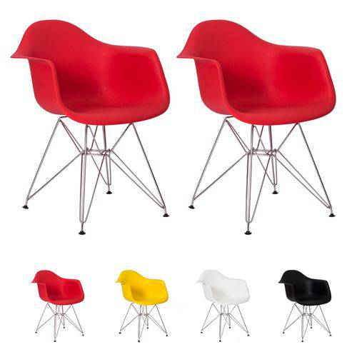 Kit 2 Cadeiras Eiffel Eames C/ Braço Base Cromada - (vermelha)