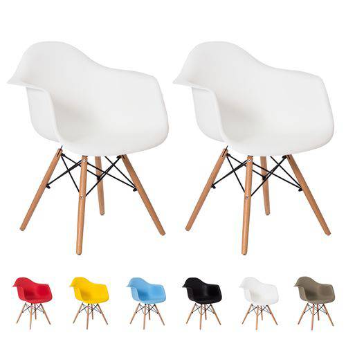 Kit 2 Cadeiras Eiffel Eames C/braço Base Madeira Várias Cores - (branca)
