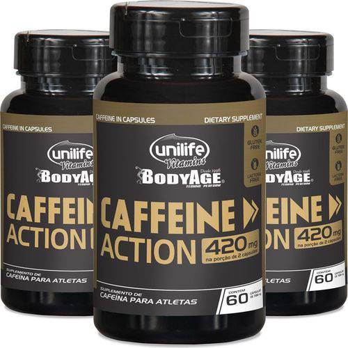 Kit 3 Cafeína 420mg Caffeine Action Unilife 60 Cápsulas
