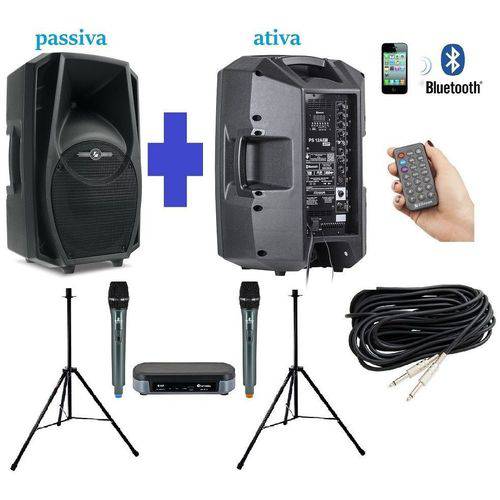 Kit Caixa Ativa + Passiva Ps12 Bt USB Fm 500w + Microfone Duplo Uhf + Tripé + Cabo - Frahm
