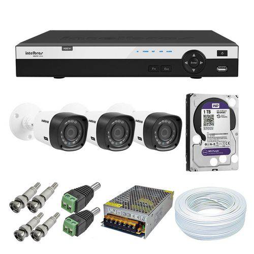 Kit 3 Câmeras de Segurança Full HD 1080p Intelbras VHD 1220B IR + DVR Intelbras Full HD 4 Ch + Acess