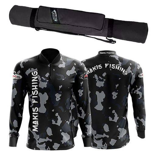 Kit Camisa Camuflada com Proteção UV- DryFit Makis Fishing e Porta Vara Joga 1,100mts
