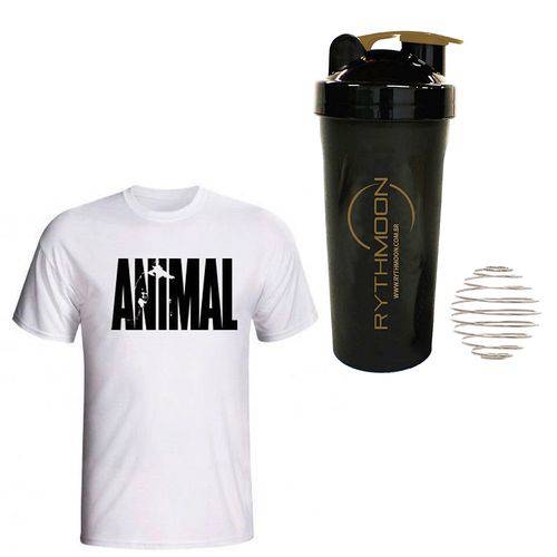 Kit Camiseta Animal Branco P + Coqueteleira 600ml com Mola