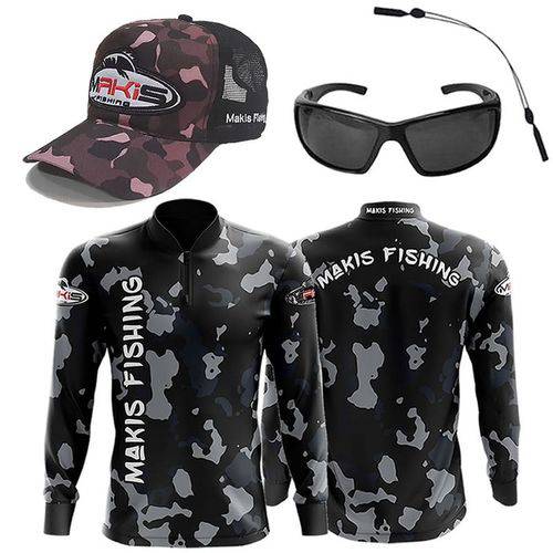 Kit Camuflado Camisa de Pesca e Boné Makis Fishing com Óculos Polarizado MS-2648 e Cordão Marine Sports