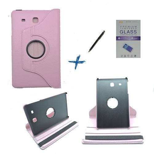 Kit Capa para Galaxy Tab e 9.6 T560/T561 Giratória 360 + Película de Vidro + Caneta Touch (Rosa)