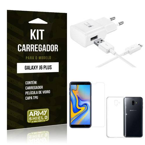 Kit Carregador Galaxy J6 Plus Carregador + Película + Capa - Armyshield