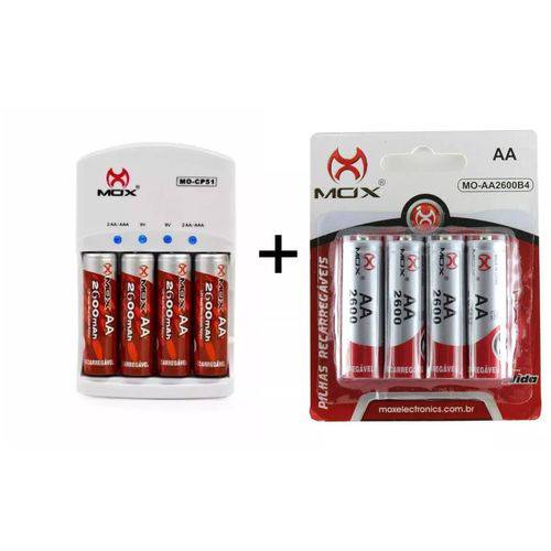 Kit Carregador Mox + 8 Pilhas Recarregáveis Mox Aa 2600 Mah
