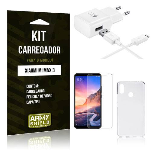 Kit Carregador Tipo C Xiaomi Mi Max 3 Carregador + Película de Vidro + Capa - Armyshield