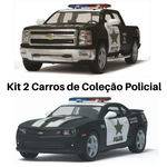 Kit 2 Carros de Coleção Viatura Policial / Polícia Camaro e Silverado Cor Preto