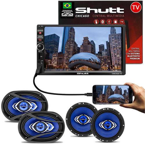 Kit Central Multimídia Shutt Chicago Tv 7 Pol Bluetooth Tv Digital Touch USB + Kit Fácil Hurricane