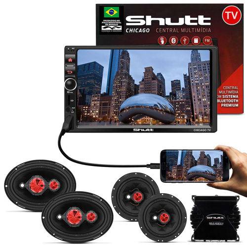 Kit Central Multimídia Shutt Chicago Tv 7 Pol Bluetooth Tv Digital USB + Kit Fácil Bomber + Módulo