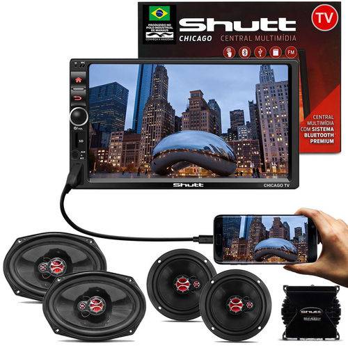 Kit Central Multimídia Shutt Chicago Tv 7 Pol Bluetooth Tv Digital USB + Kit Fácil Foxer + Módulo
